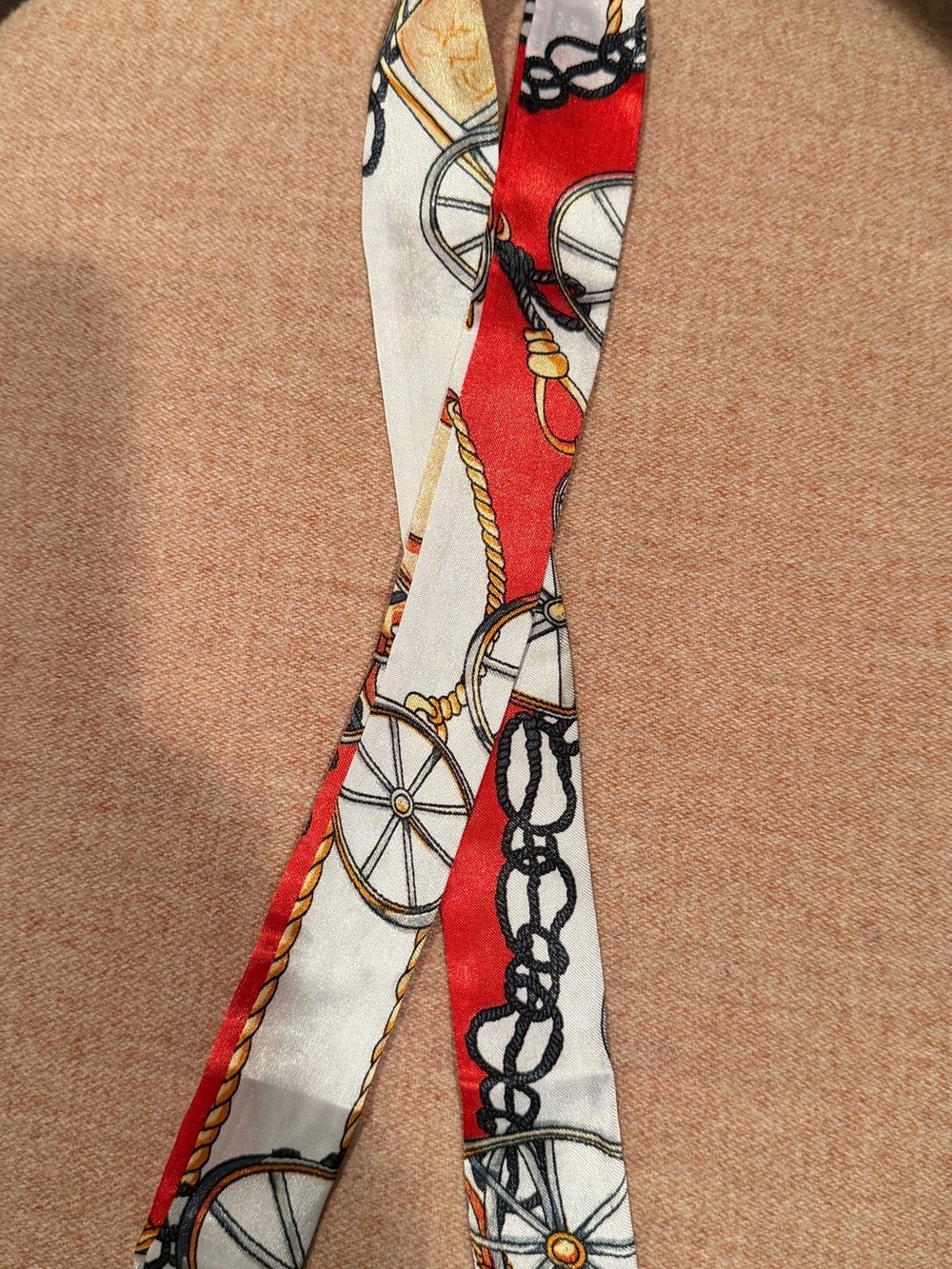 Silk-Feel Red & White Patterned Twilly Scarf for Women 35”
